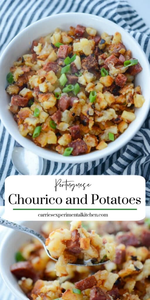 collage photo of a bowl of chourico and potatoes