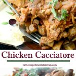 Italian Chicken Cacciatore made with chicken parts, garlic, mushrooms, fresh oregano and onions in a red wine marinara sauce.