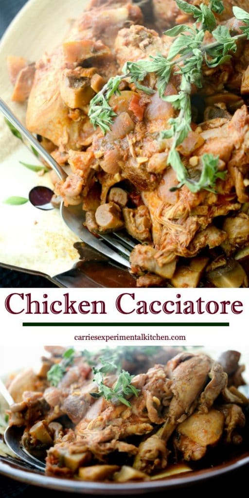 Italian Chicken Cacciatore made with chicken parts, garlic, mushrooms, fresh oregano and onions in a red wine marinara sauce.