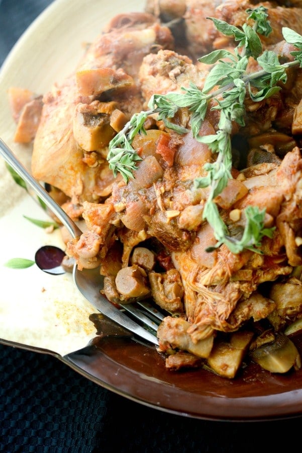 Italian Chicken Cacciatore made with chicken parts, garlic, mushrooms, fresh oregano and onions in a red wine marinara sauce.