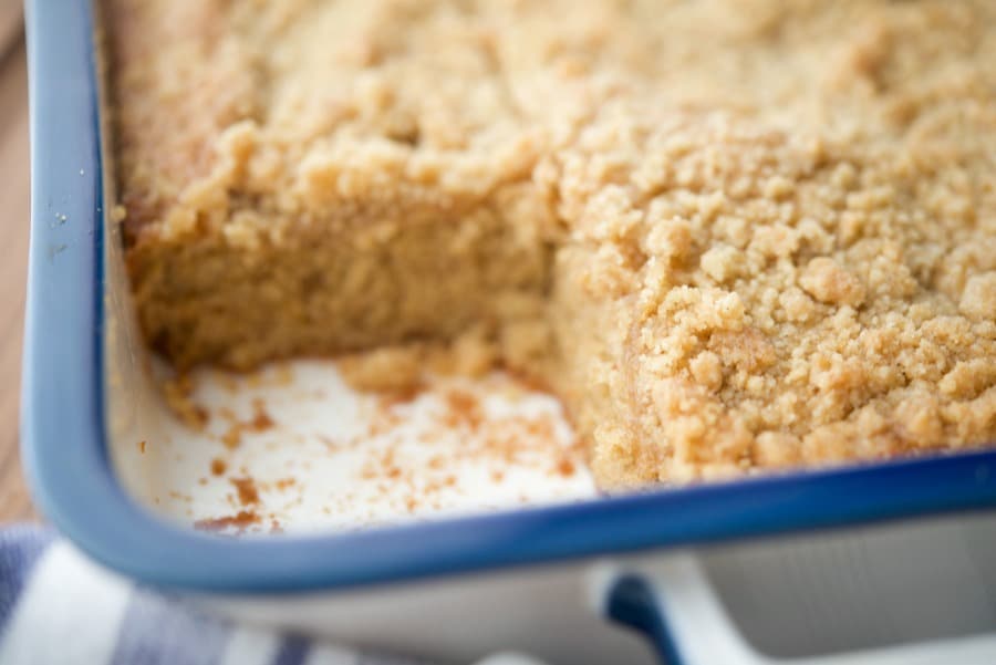 A close up of coffee cake in a pan