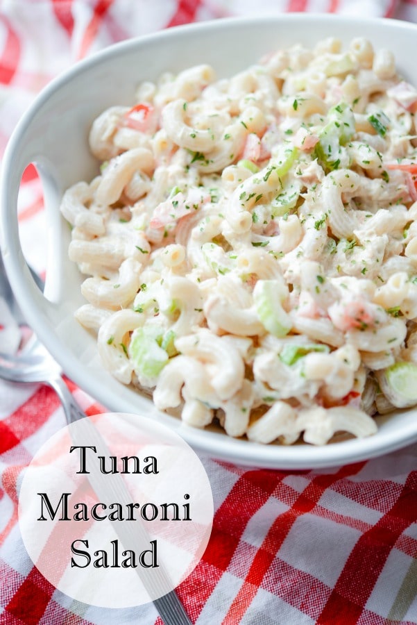 Tuna Macaroni Salad made with gluten free brown rice macaroni, solid white albacore tuna in water and fresh garden vegetables. 