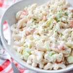 Tuna Macaroni Salad made with gluten free brown rice macaroni, solid white albacore tuna in water and fresh garden vegetables. 