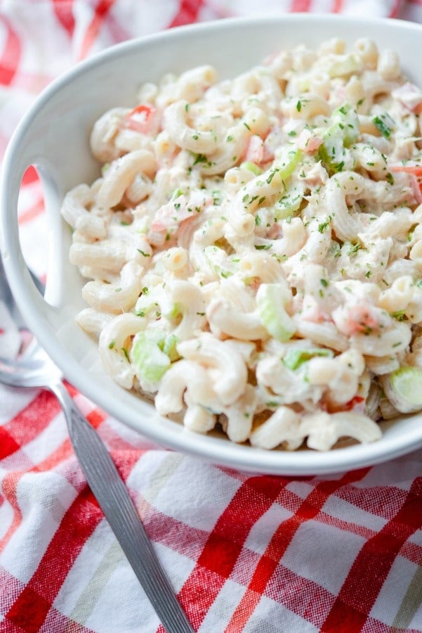 Tuna Macaroni Salad made with gluten free brown rice macaroni, solid white albacore tuna in water and fresh garden vegetables.