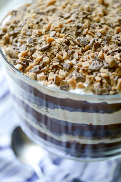 A bowl of Dark Chocolate Heath Bar Trifle