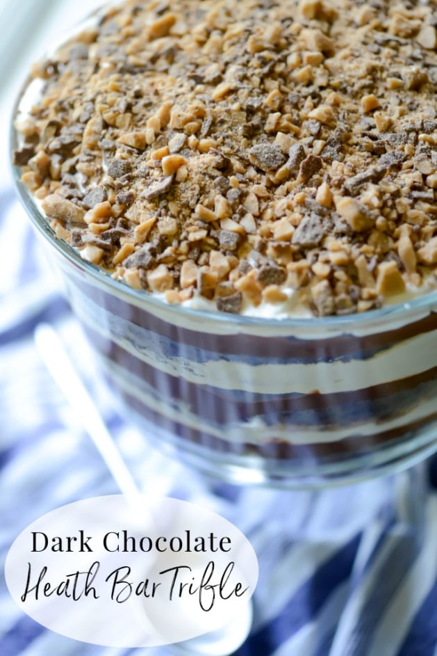 A close up of Dark Chocolate Heath Bar Trifle