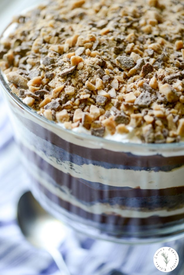 A bowl of Dark Chocolate Heath Bar Trifle 