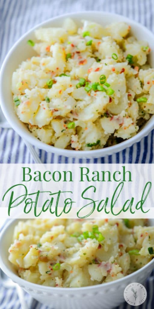 A bowl of Bacon Ranch Potato Salad on a table