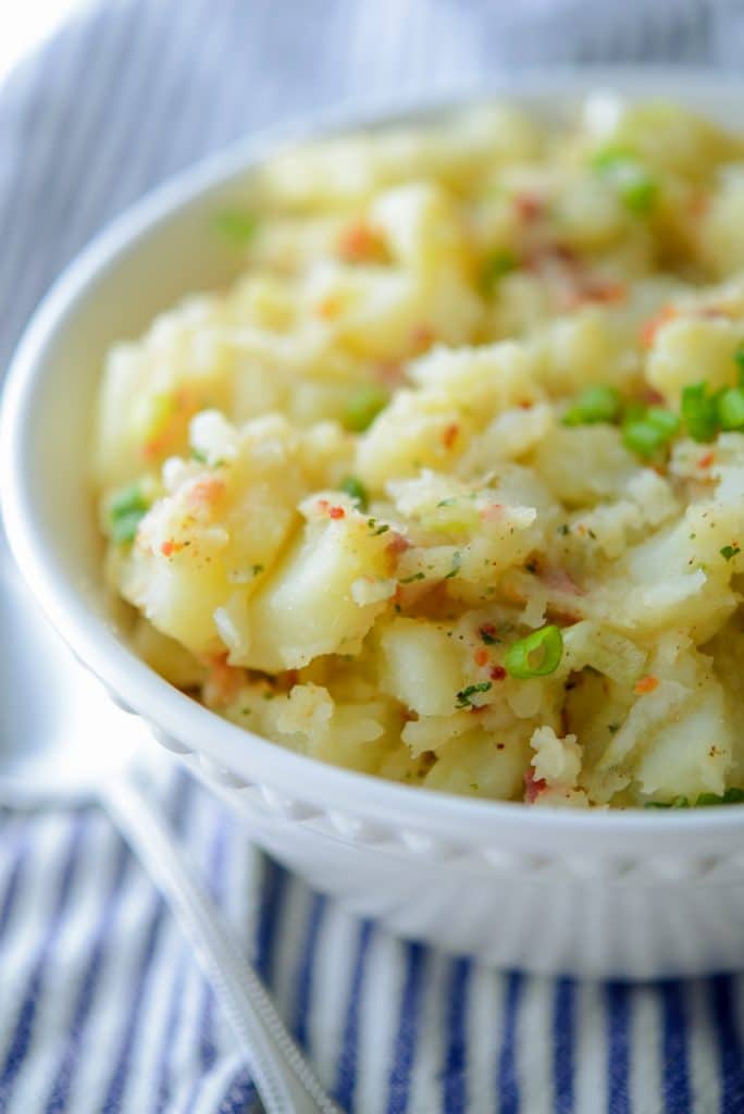 A close up of a bowl of Bacon Ranch Potato Salad