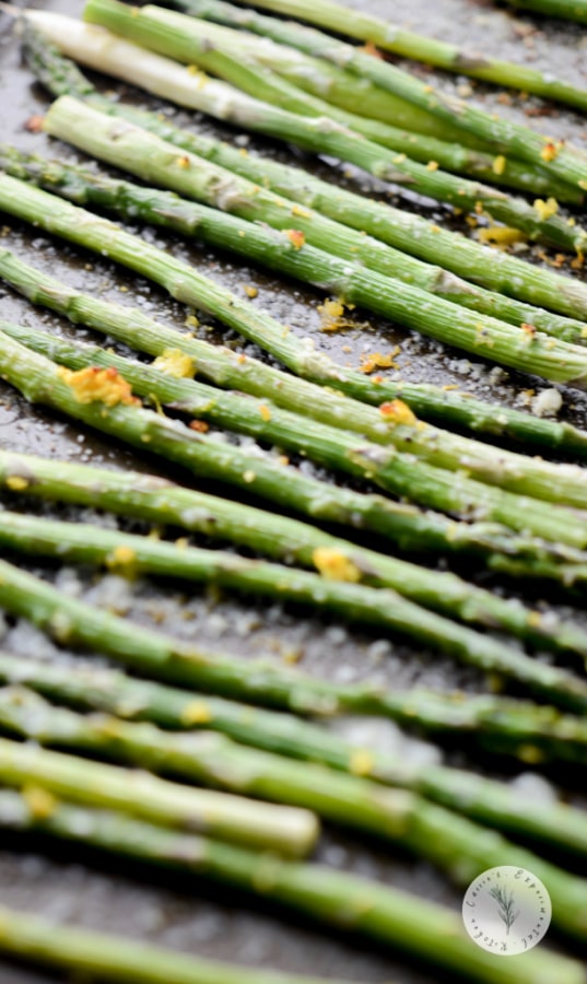 A close up of Lemon Parmesan Roasted Asparagus