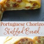Stuffed bread is similar to a Stromboli and this one stuffed with Portuguese chorizo, fresh garlic and shredded Mozzarella cheese is sure to please. 