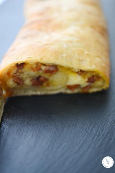 A close up of Portuguese Chorizo Stuffed Bread