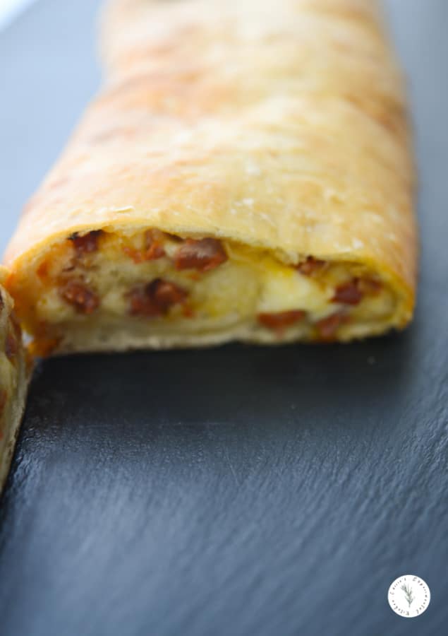 A close up of Portuguese Chorizo Stuffed Bread