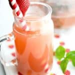 A close up of Strawberry Basil green tea in a glass