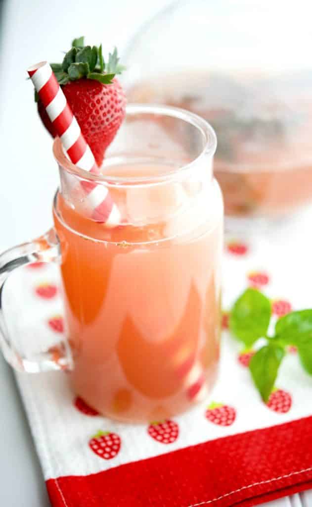 A close up of Strawberry Basil green tea in a glass