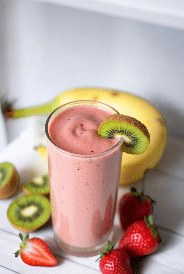 banana, strawberry and kiwi smoothie in a tall glass on a white background