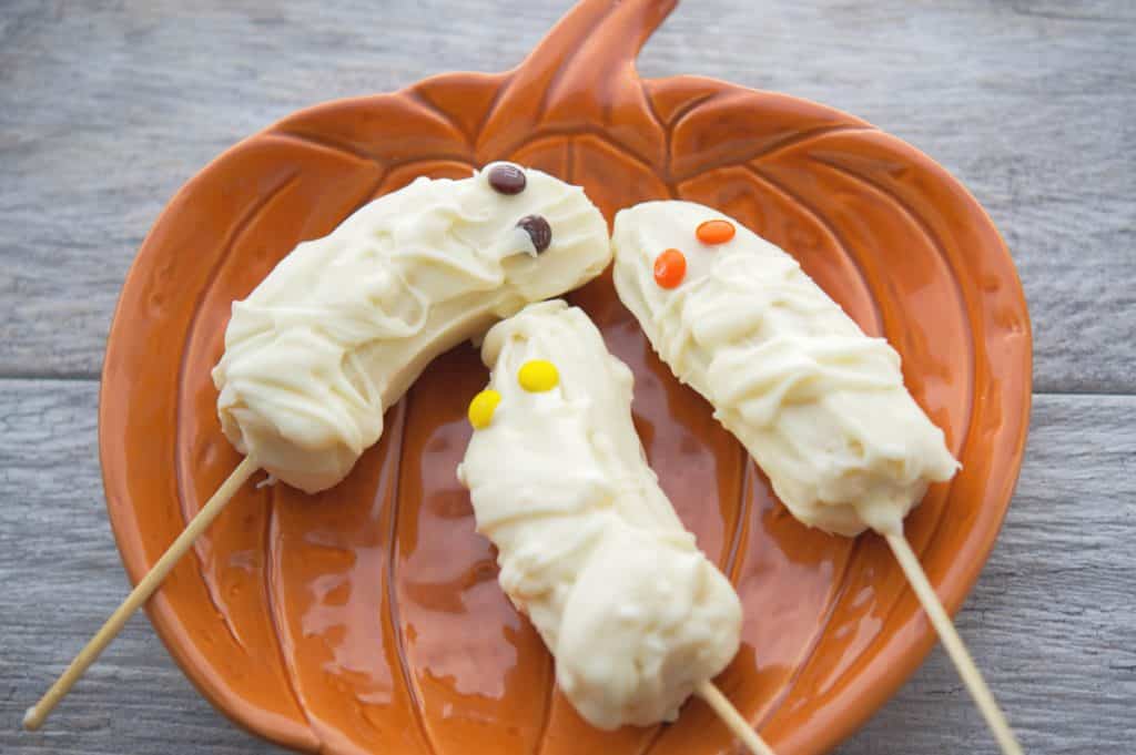 Halloween Banana Mummies on a plate