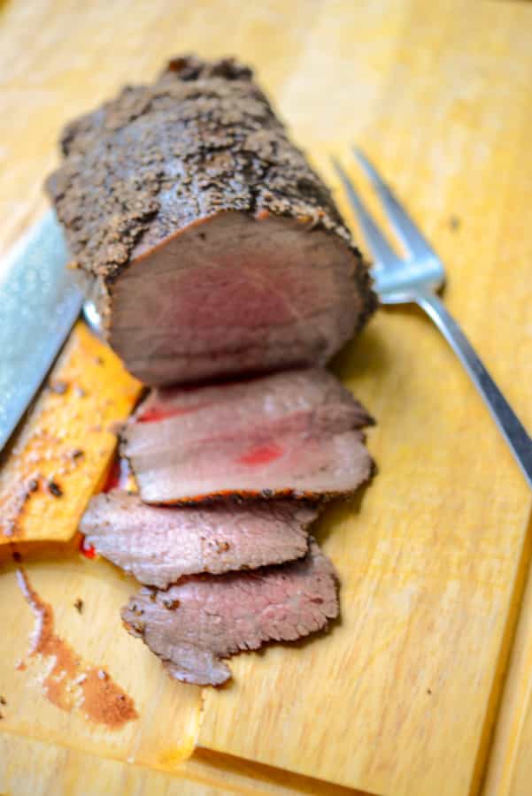 Espresso Encrusted Roast Beef on a board