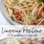 A bowl filled with Linguine Positano Carrabbas on a table