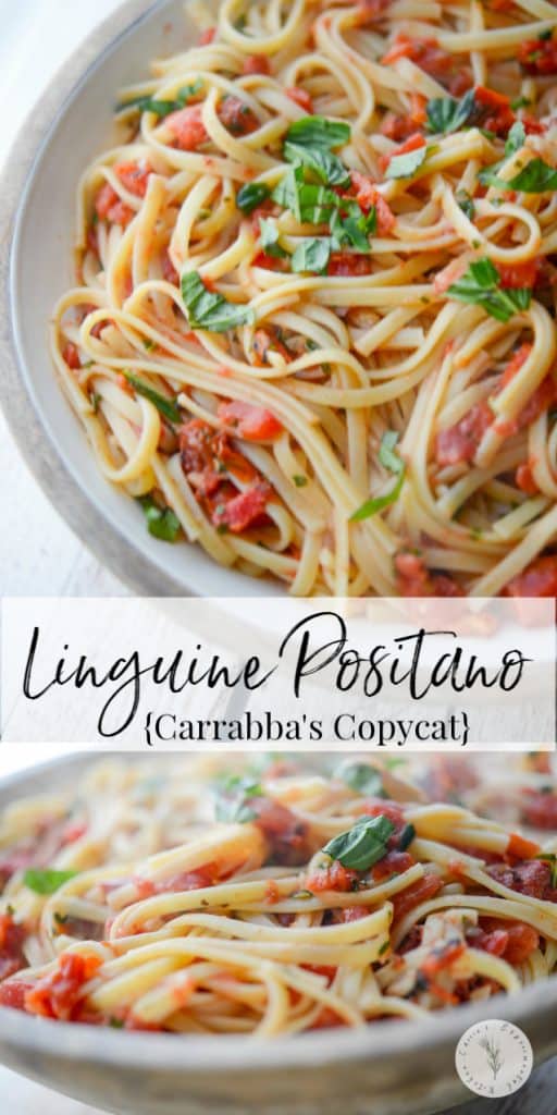 A bowl filled with Linguine Positano Carrabbas on a table