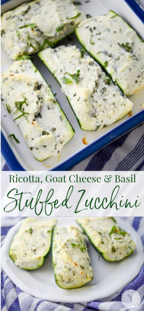 Ricotta, Goat Cheese and Basil stuffed Zucchini in a blue casserole dish