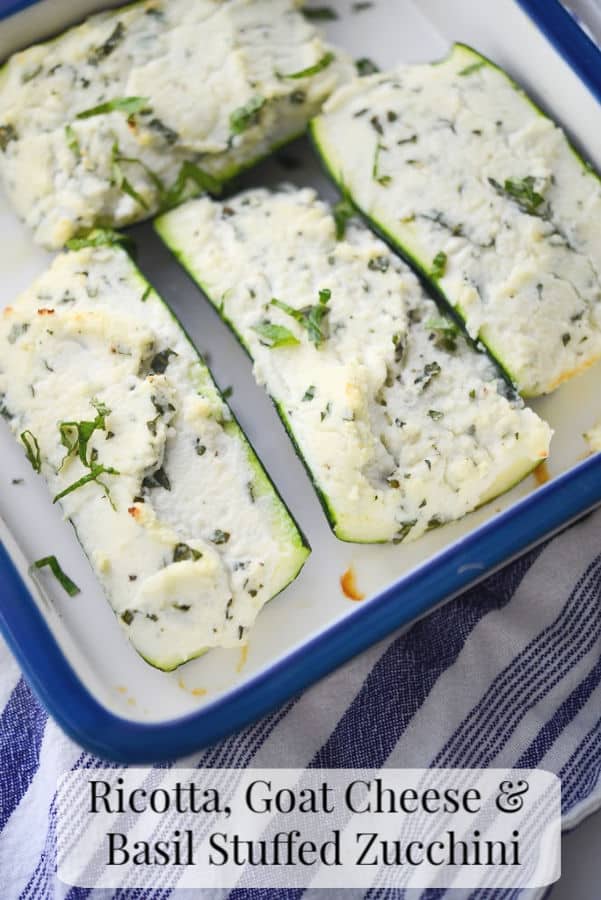 A close up of Ricotta, Goat Cheese and Basil stuffed Zucchini