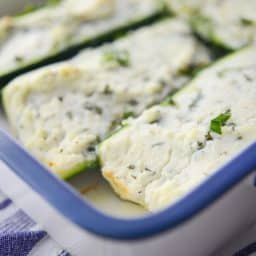 Ricotta, Goat Cheese and Basil Stuffed Zucchini in baking dish