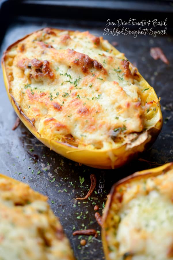 A close up of Sun-Dried Tomato and Basil Spaghetti Squash 