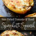 Sun Dried Tomato and Basil Stuffed Spaghetti Squash on a pan