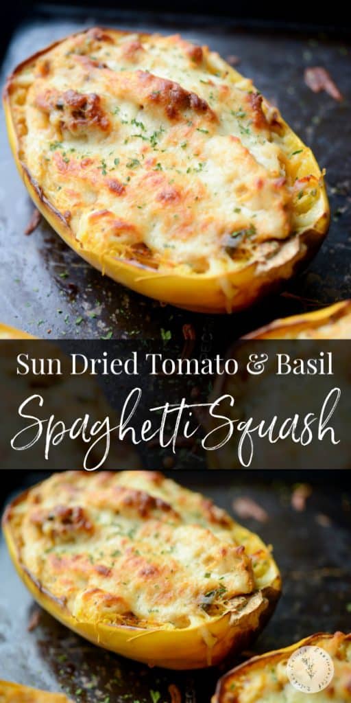 Sun Dried Tomato and Basil Stuffed Spaghetti Squash on a pan