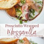 Fresh mozzarella wrapped in Italian prosciutto, pan fried and plated with cherry tomatoes, Parmesan coated crispy bread slices and fresh basil; then drizzled with balsamic vinegar and olive oil. 