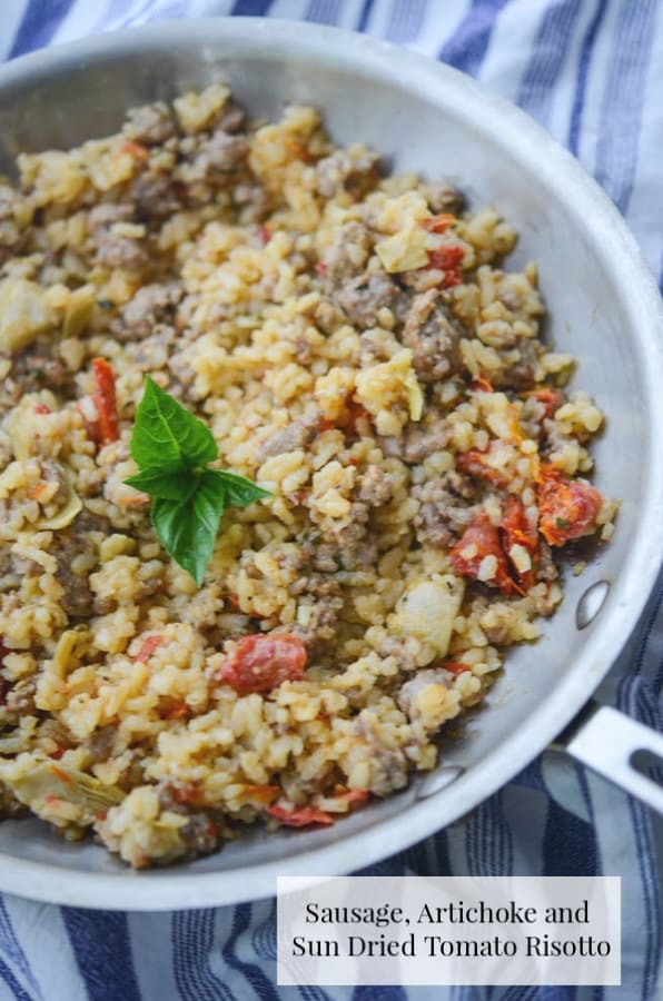 A bowl of Sausage, Artichoke and Sun Dried Tomato Risotto