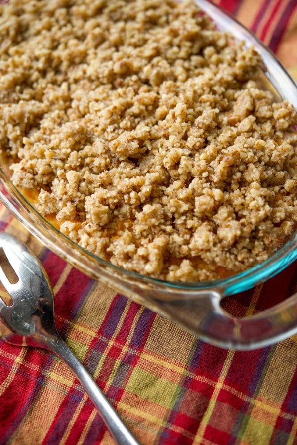 classic Sweet Potato Casserole with a buttery brown sugar pecan crust