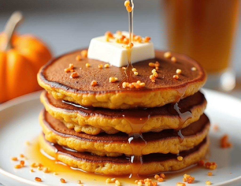 a close up of a stack of pumpkin pancakes with butter