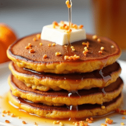 a close up of a stack of pumpkin pancakes with butter