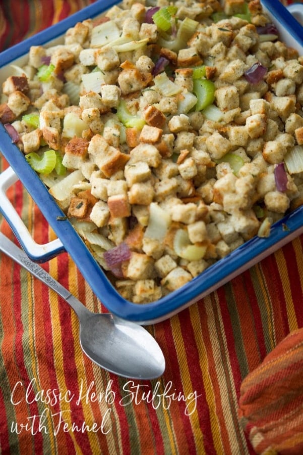 Classic Herb Stuffing with Fennel is easy to make without a lot of ingredients and adds a light anise flavor to one of Thanksgiving's popular side dishes. 