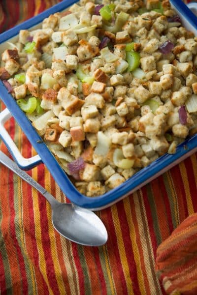 Classic Herb Stuffing with Fennel in blue casserole dish