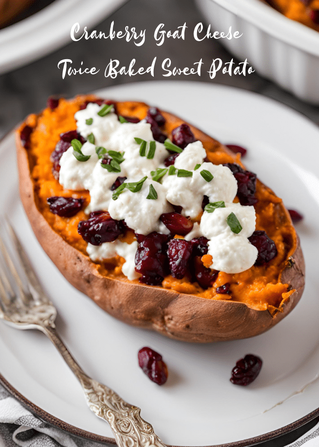 a twice baked sweet potato stuffed with goat cheese and cranberries