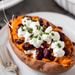 mashed twice baked sweet potato stuffed with cranberries and goat cheese