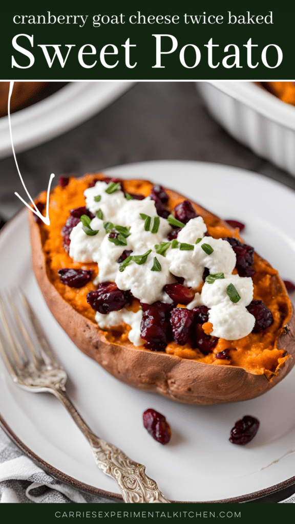 mashed twice baked sweet potato stuffed with cranberries and goat cheese
