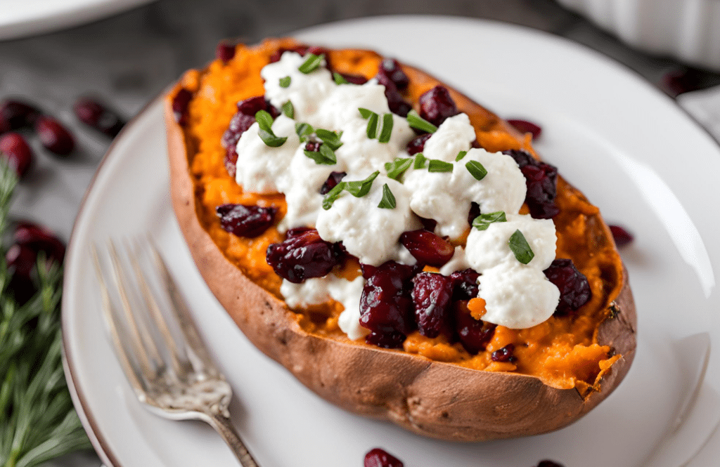 a close up of cranberry goat cheese sweet potatoes