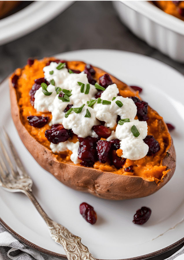 a cranberry goat cheese stuffed sweet potato on a plate