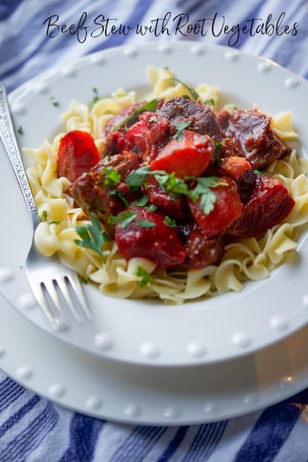 Beef Stew with Root Vegetables like parsnips, turnips and beets in a red wine, tomato based sauce is a hearty, delicious cool weather meal. 