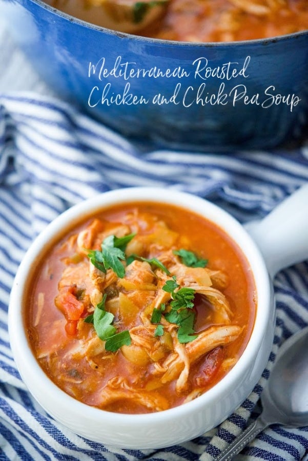 This hearty Mediterranean Roasted Chicken and Chick Pea Soup made with fire roasted tomatoes, artichoke hearts and spices is deliciously filling and perfect for lunch or dinner. 