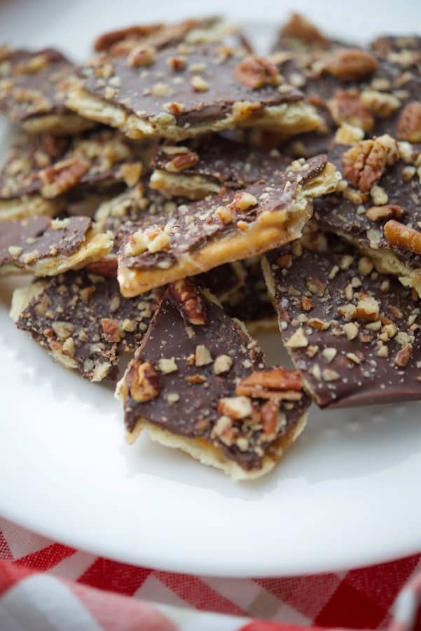 A plate of Sea Salt Dark Chocolate Christmas Crack