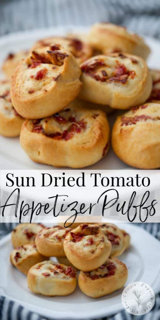 A close up of Sun Dried Tomato Appetizer Puffs on a platter 