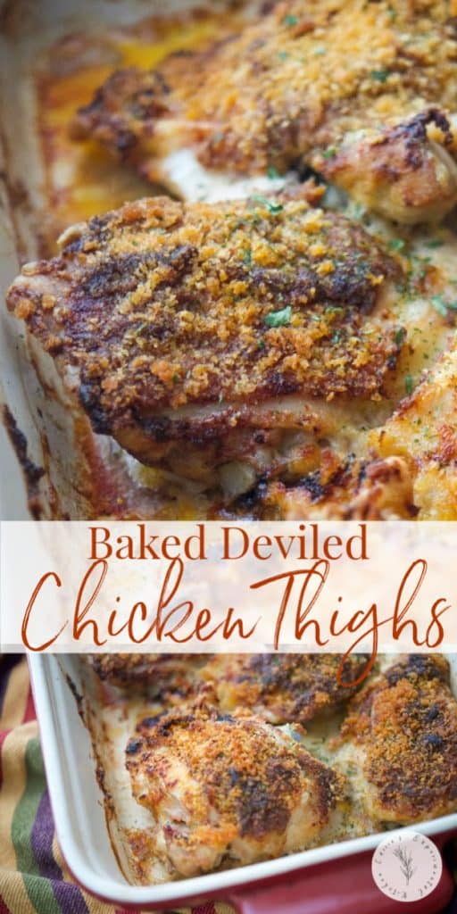 Baked Deviled Chicken Thighs in a casserole dish