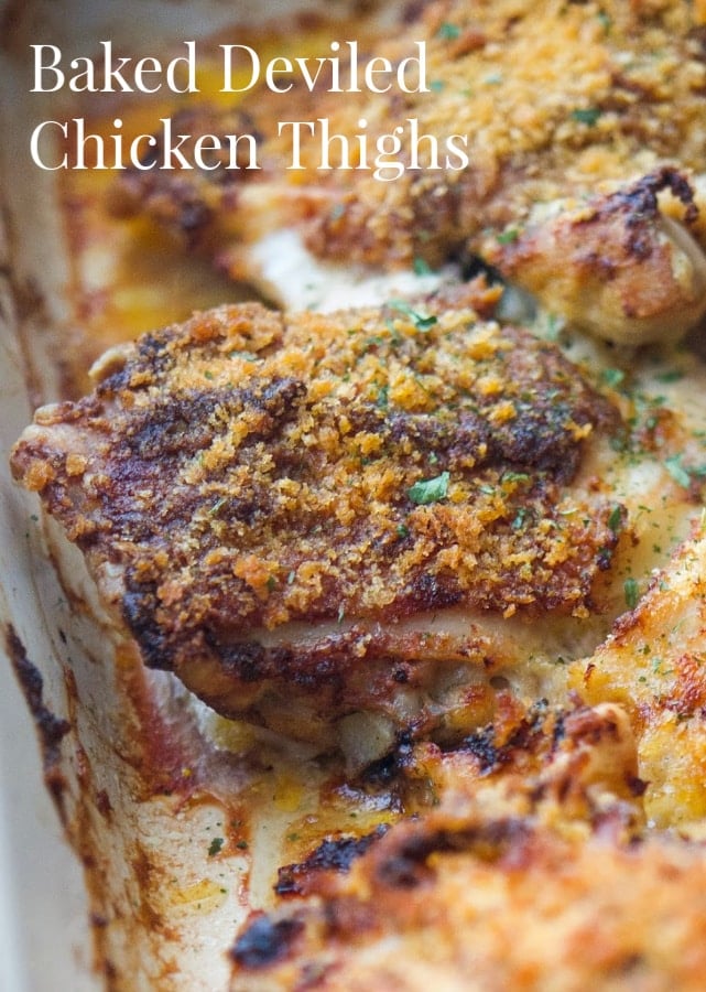 A dish of Baked Deviled Chicken thighs 