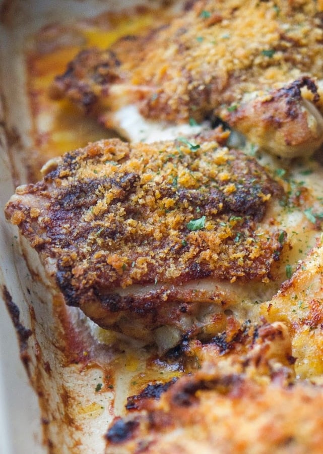 A close up of Baked Deviled Chicken Thighs