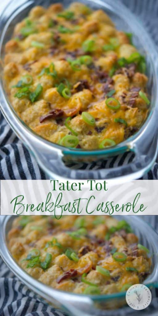 A bowl of Tater Tot Breakfast Casserole on a table 